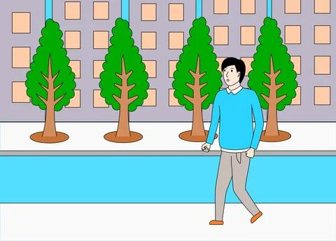 Man is walking down a sidewalk next to a river Illustrazione stock