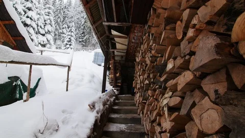 Man Walking Down The Stairs Of A Cabin In Winter Stock Footage 85077464