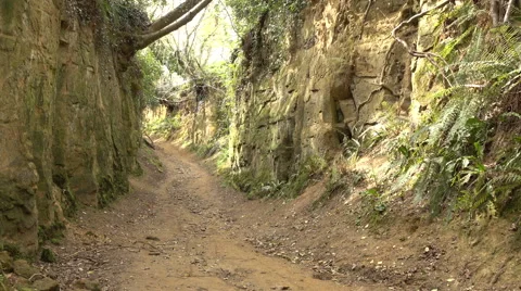 Man walking down a track with sandstone walls Stock Footage 63204962