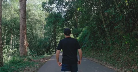 Man walking on forest road through lush green trees 库存影片 331525591