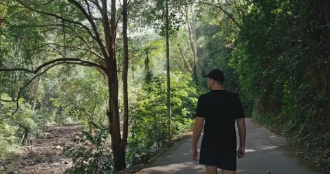 Man walking on forest road through lush green jungle Видео 336966385