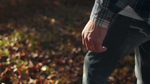 Man Walking Forest Sunrise Closeup Stock Footage 81492073
