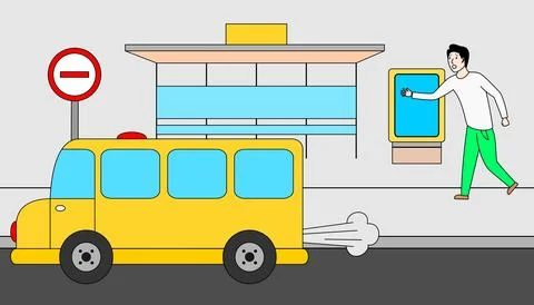 Man is walking in front of the bus. The bus is going to stop at a bus stop Stock Illustration
