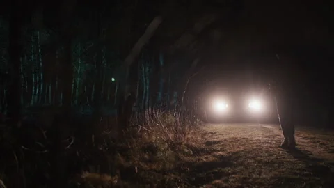 Man Walking in front of Car Headlights in the forest Video stock 259128880