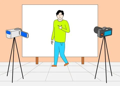 Man is walking in front of a white wall with two cameras on tripods Stock Illustration