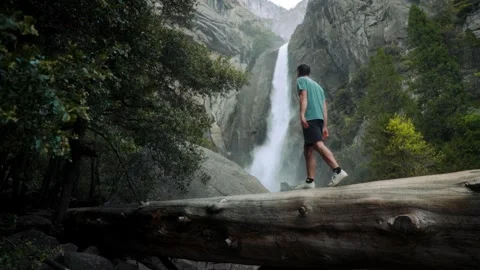 Man walking in front of Yosemite falls over a downed tree. 스톡 동영상 308669122
