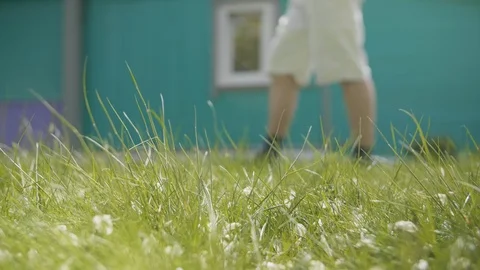 Man walking on the green backyard before grass cutting at summer day Stock Footage 112691055