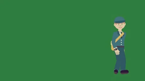 A man walking on green screen and cartoon character in blue uniform is Video stock 335691592