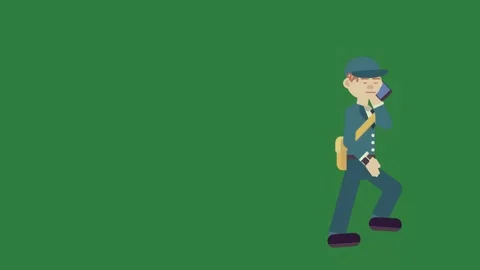 A man walking on green screen and cartoon character in blue uniform talking Stock-Footage 335691602