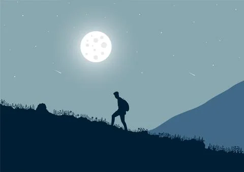 Man walking on the hill at night vector Illustrazione stock