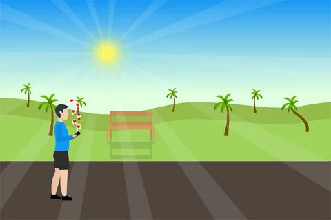 Man walking inside a park and using his smartphone to connect with social med Illustrazione stock