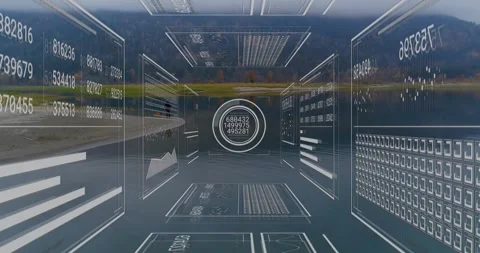 Man walking lake shore, tech HUD appearing on start overlaying man while Stock Footage 333901060