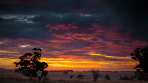 Man walking on landscape at sunset Stock-Footage 94884309