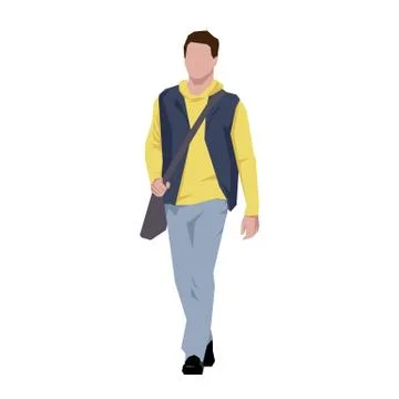 Man walking with laptop bag, programmer. Flat design geometric vector illustr Illustrazione stock