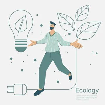 Man walking on line leaf, Green city with ecology nature conservation, Envi.. Stock Illustration