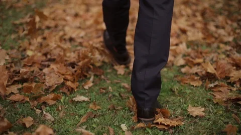 Man walking on Maple leaves on the ground in red autumn time Stock Footage 117587098