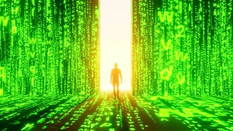 Man walking into matrix door Stock Footage 312516261