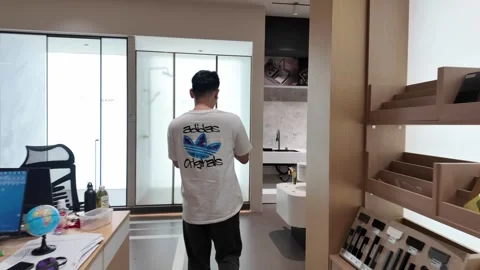 Man Walking from Modern Office Workspace into Contemporary Bathroom Fixture Stock Footage 336171108