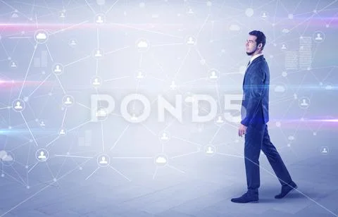 Man walking with online community wallpaper Stock Photos