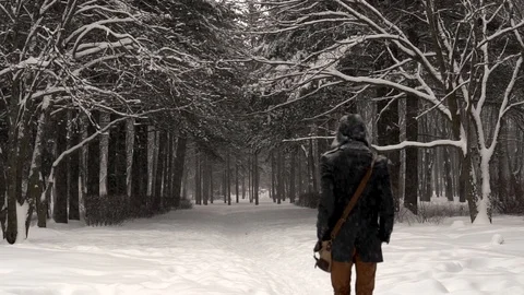 Man walking outdoors through the forest under heavy snow Stock Footage 88079030
