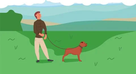 Man walking in park with dog vector illustration. Outdoor cartoon activity wi イラスト素材