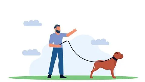 Man walking in park with dog vector illustration. Outdoor cartoon activity .. Stock Illustration
