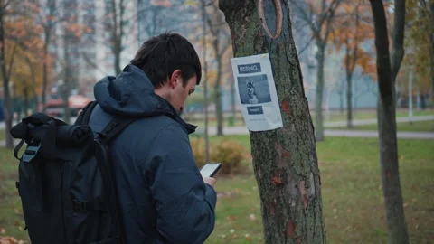 Man walking in park saw message on tree about missing dog, takes photo on his Stock Footage 319022206