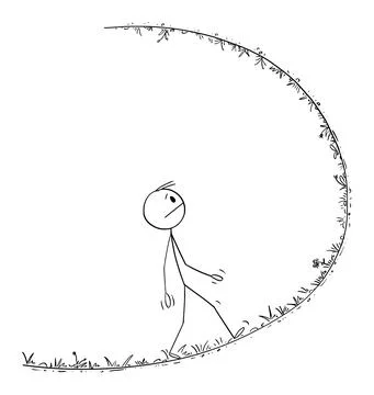 Man Walking on the Path That is Turning Upside Down, Vector Cartoon Stick Figure Stock Illustration