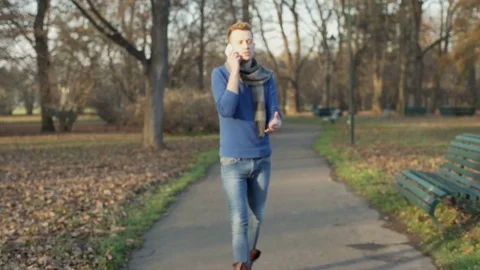 Man walking on the pathway in the park and having an argument, steadycam shot Stockbeeldmateriaal 70746538