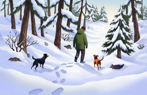Man walking in pine forest with dog in winter covered with snow Stock Illustration