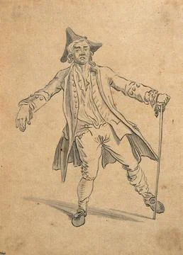 A man walking with the posture of a drunkard. Drawing with wash, c. 1789. Stock Illustration