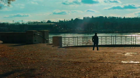 Man Walking To River Overlook Stock Footage 42567056