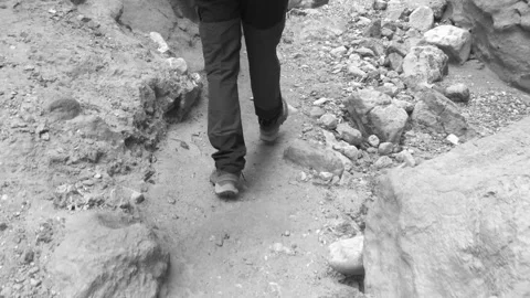 Man Walking Rocky Path Rear View Adventure Brown Outdoor 스톡 동영상 331464329