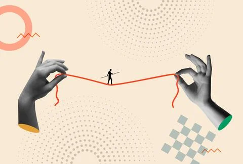 Man walking on a rope and human hand in retro collage vector illustration Stock Illustration