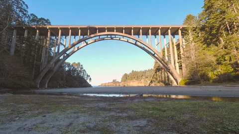 Man walking at Russian Gulch State Park Bridge. Clear, blue sky timelapse Stock Footage 217980953