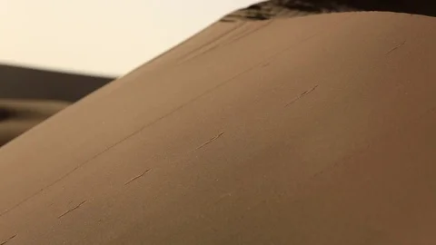 A man walking in the sand, sand slides down the mountain at sunset Video stock 76433530