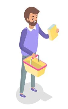 Man walking with a shopping basket vector isolated. Customer holding the empty Ilustración de archivo