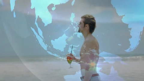 Man walking shore, frames causing globe rotating around him, sparks lighting Video stock 331005962