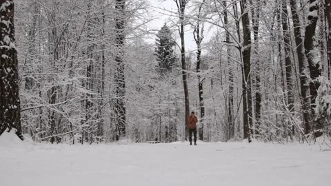A man walking in a snow covered forest, slow motion Stock Footage 148707940