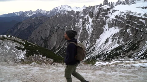 A man walking in the snow in the middle of the mountain. Concept trekking. Stock Footage 142942158