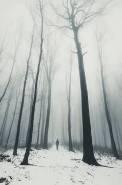 Man walking on snowy forest path with old trees in fog Stock Photos