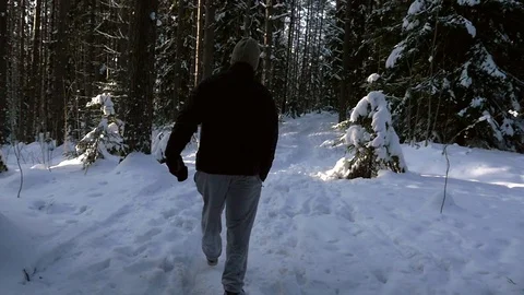 Man walking in a snowy forest, Slow motion view following a young male, hikin Stock Footage 86743149