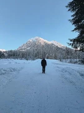 Man walking on snowy path looking at mountain peak in winter forest Stock Photos
