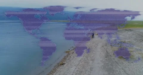 Man walking spit toward drone approaching, dog running, purple travel map Stock Footage 333833460