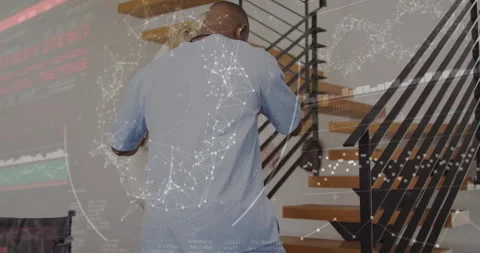 Man walking up stairs with digital data network animation overlay Stock Footage 303585249