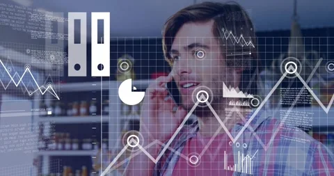 Man walking store aisle bringing phone to ear, accessing data with charts Stock Footage 328584511
