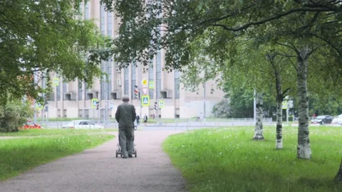 Man walking with a stroller in a park Stock-Footage 132434214