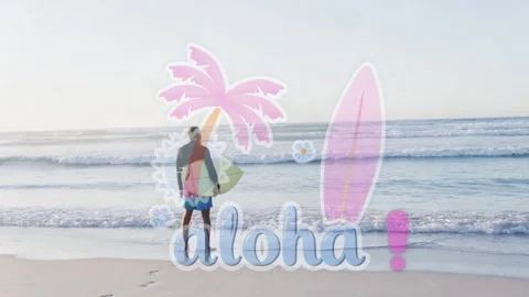 Man walking to surf with board, aloha overlay fading, revealing man preparing to Video stock 333859622