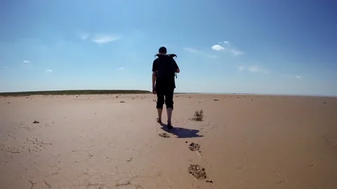 Man walking on the surface cracked еarth of salt lake. 動画素材 123421604