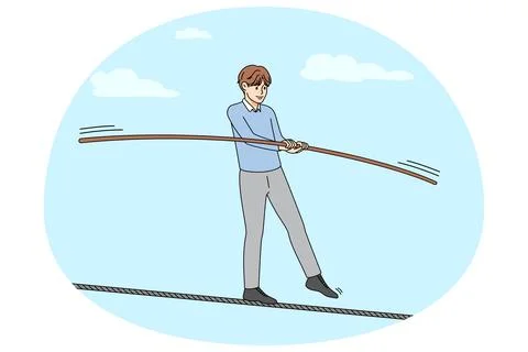 Man walking on thin rope balancing Stock Illustration